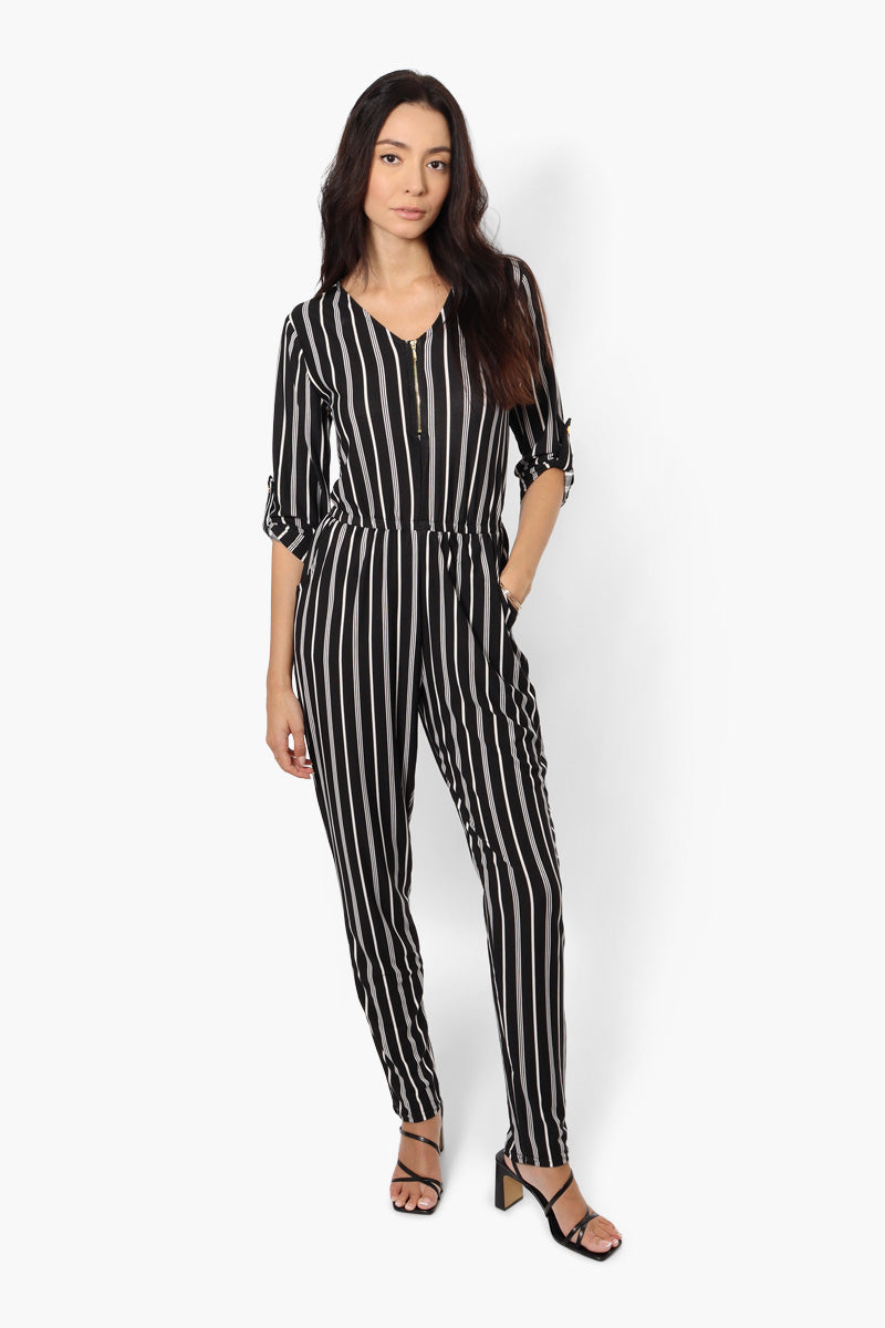 Limite Striped Front Zip Jumpsuit Black