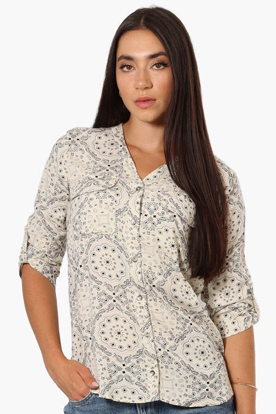 Beechers Brook Patterned Roll Up Sleeve Shirt - Cream - Womens Shirts & Blouses - Fairweather