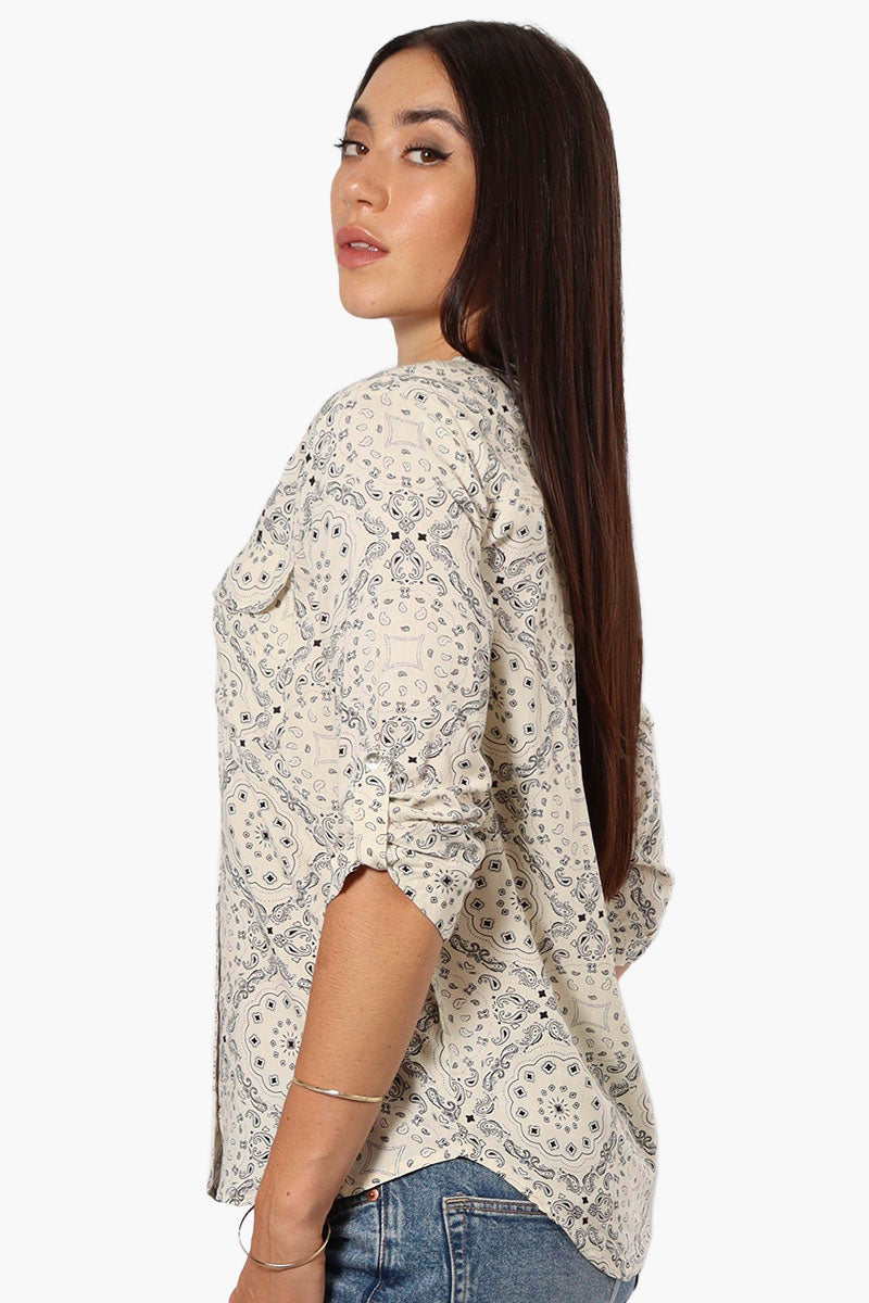 Beechers Brook Patterned Roll Up Sleeve Shirt - Cream - Womens Shirts & Blouses - Fairweather