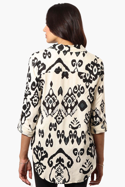 Beechers Brook Patterned Roll Up Sleeve Blouse - Cream - Womens Shirts & Blouses - Fairweather