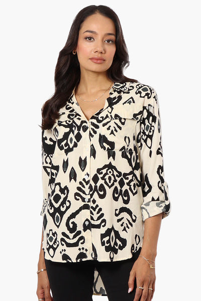 Beechers Brook Patterned Roll Up Sleeve Blouse - Cream - Womens Shirts & Blouses - Fairweather