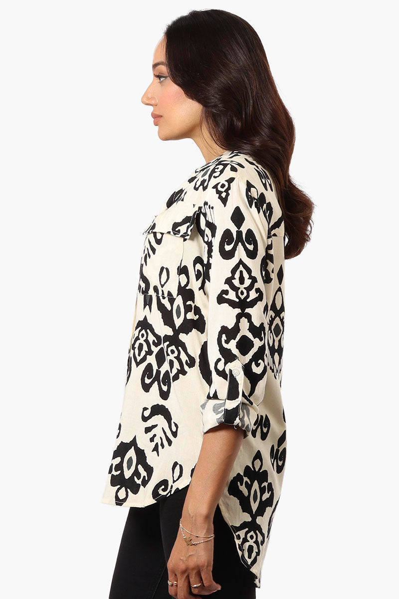 Beechers Brook Patterned Roll Up Sleeve Blouse - Cream - Womens Shirts & Blouses - Fairweather