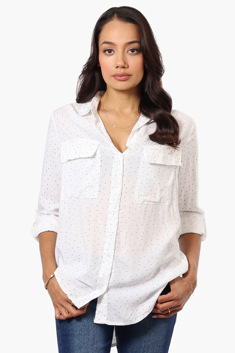 Beechers Brook Dotted Roll Up Sleeve Blouse - White - Womens Shirts & Blouses - Fairweather