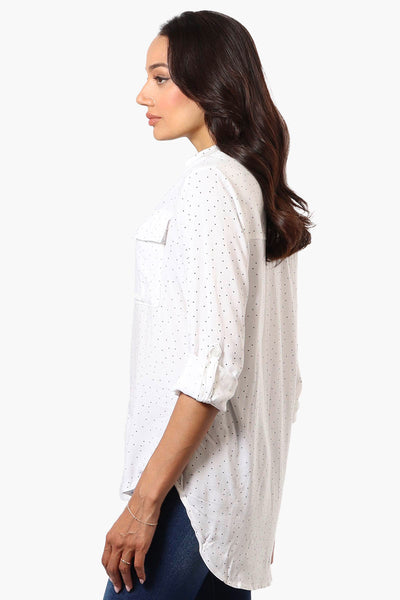 Beechers Brook Dotted Roll Up Sleeve Blouse - White - Womens Shirts & Blouses - Fairweather