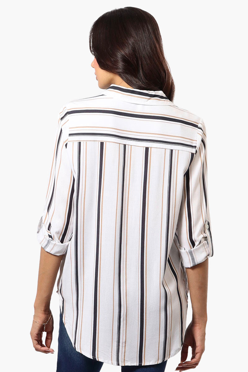 Beechers Brook Striped Roll Up Sleeve Blouse - White - Womens Shirts & Blouses - Fairweather