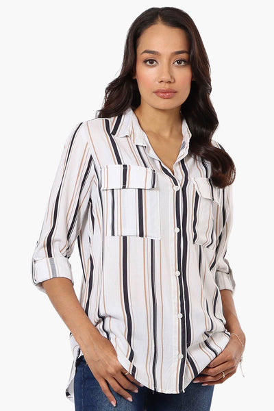 Beechers Brook Striped Roll Up Sleeve Blouse - White - Womens Shirts & Blouses - Fairweather