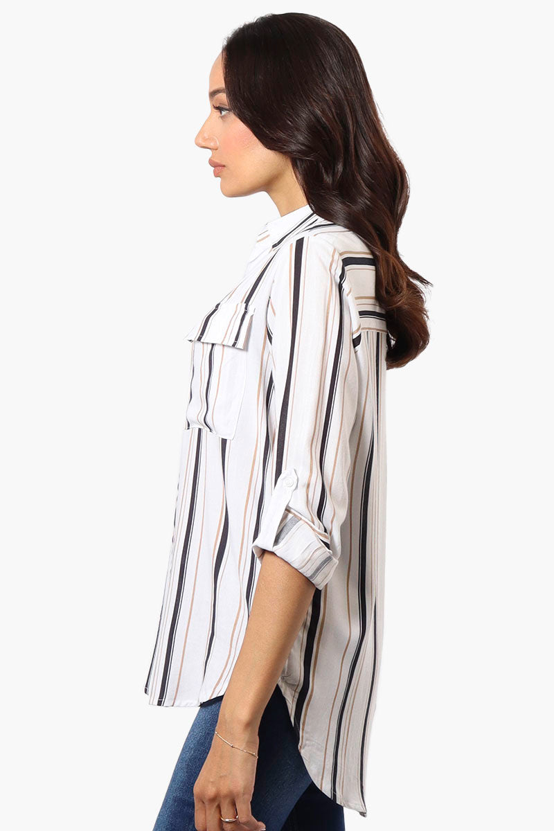 Beechers Brook Striped Roll Up Sleeve Blouse - White - Womens Shirts & Blouses - Fairweather