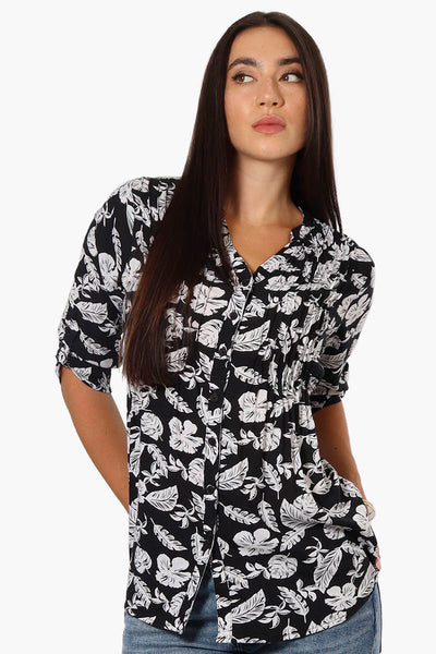 International INC Company Patterned Tie Back Roll Up Sleeve Shirt - Black - Womens Shirts & Blouses - Fairweather