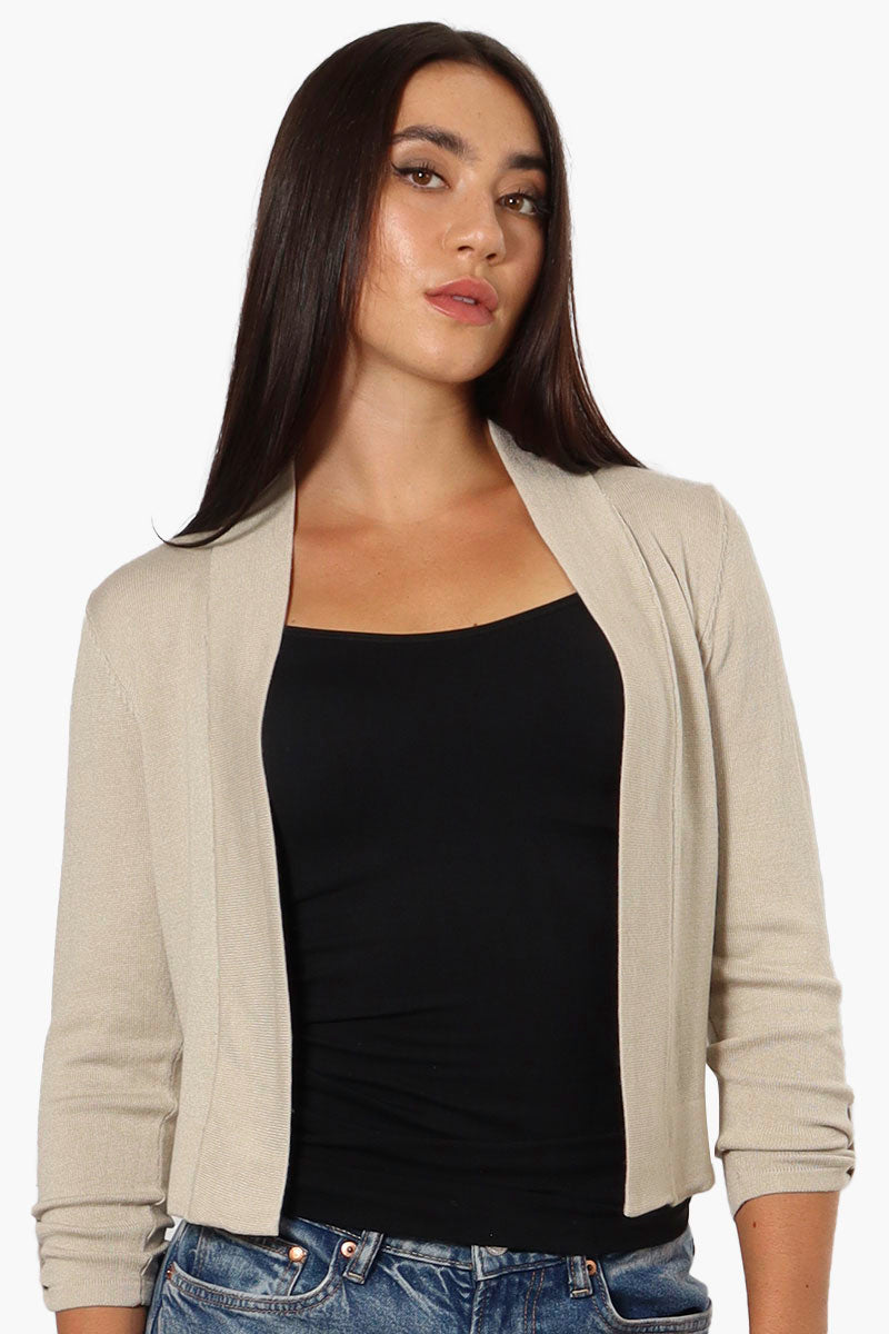 Impress Roll Up Sleeve Open Shrug Cardigan - Beige - Womens Cardigans - Fairweather