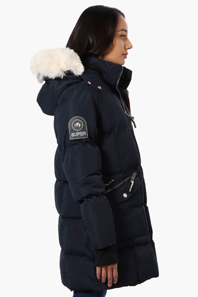 Super Triple Goose Faux Fur Thumb Hole Parka Jacket - Navy - Womens Parka Jackets - Fairweather