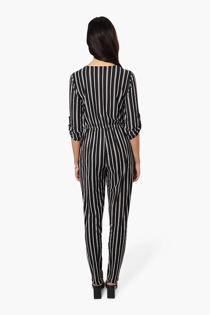 Limite Striped Front Zip Jumpsuit Black