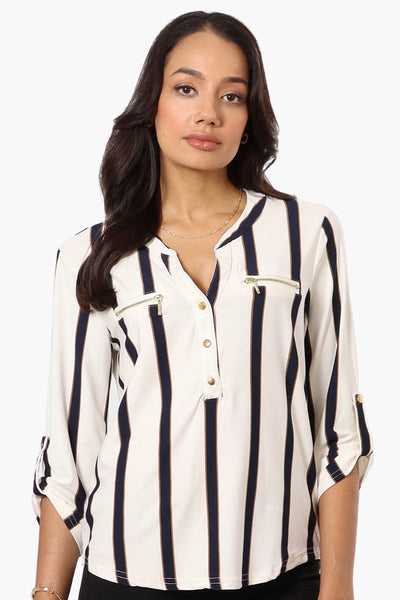 Beechers Brook Striped Henley Roll Up Sleeve Shirt - White - Womens Shirts & Blouses - Fairweather