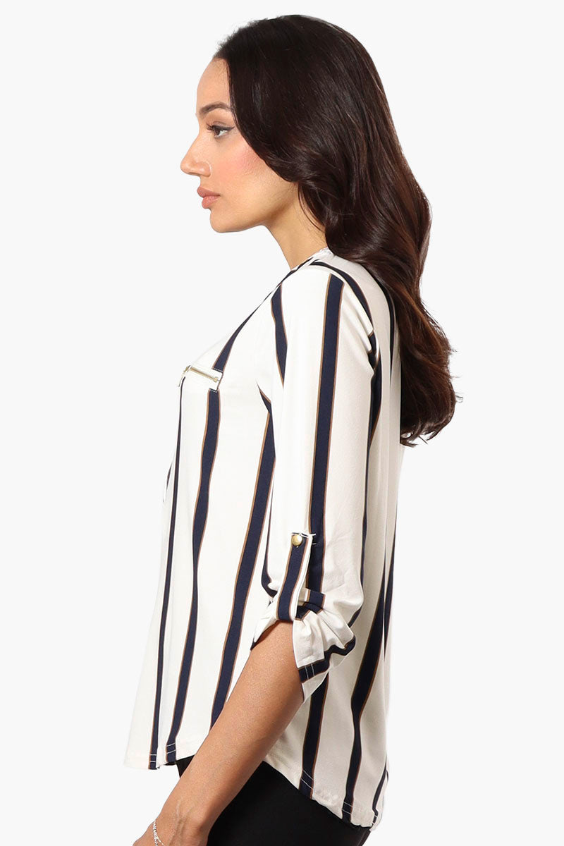 Beechers Brook Striped Henley Roll Up Sleeve Shirt - White - Womens Shirts & Blouses - Fairweather