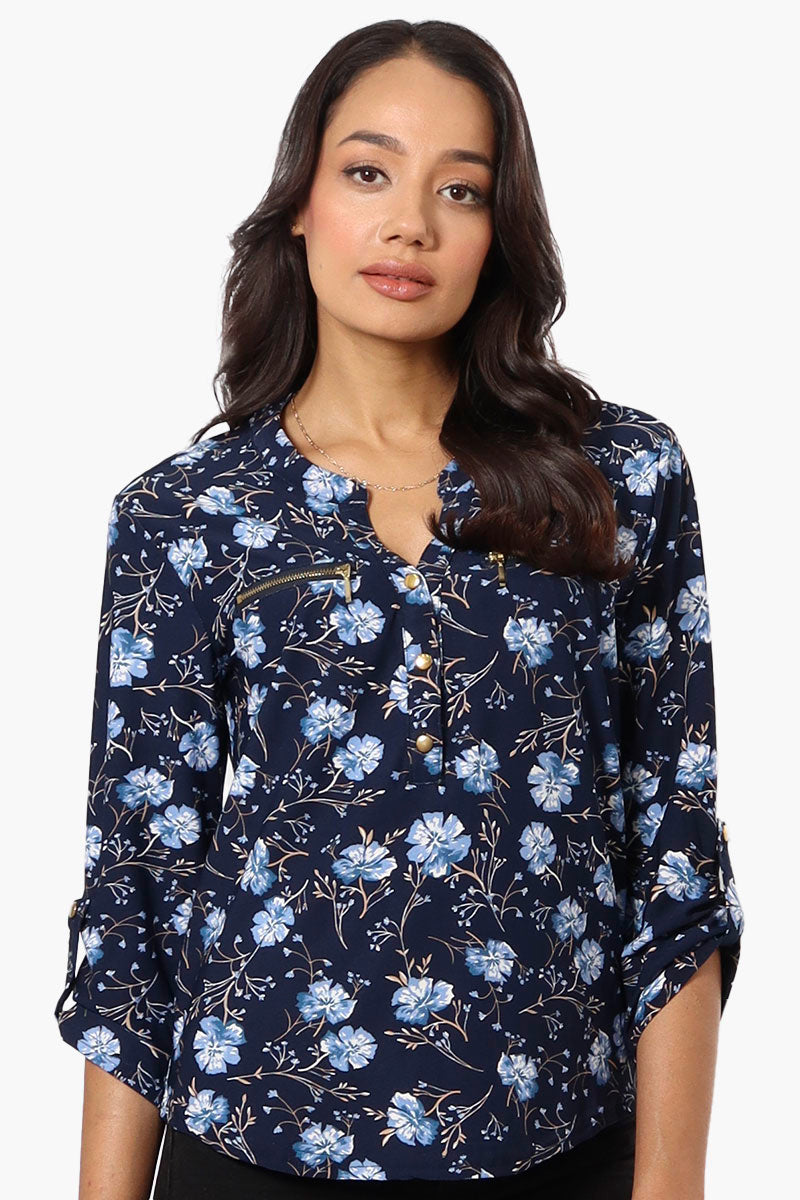 Beechers Brook Floral Henley Roll Up Sleeve Shirt - Navy - Womens Shirts & Blouses - Fairweather