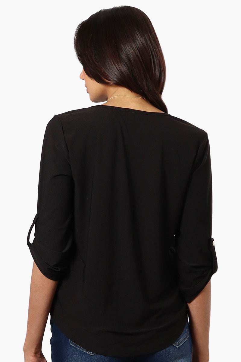 Beechers Brook Solid Roll Up Sleeve Necklace Blouse - Black - Womens Shirts & Blouses - Fairweather