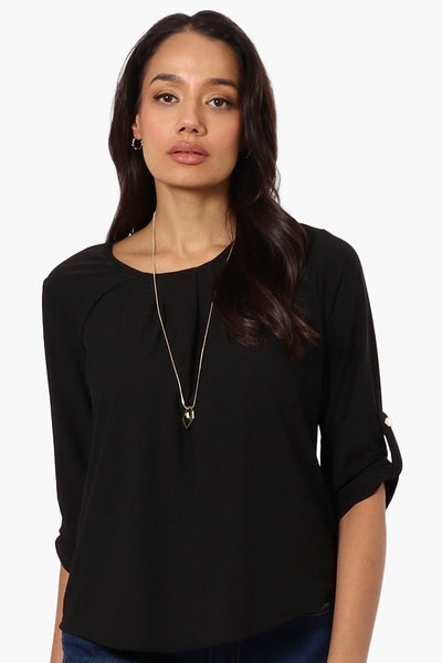 Beechers Brook Solid Roll Up Sleeve Necklace Blouse - Black - Womens Shirts & Blouses - Fairweather