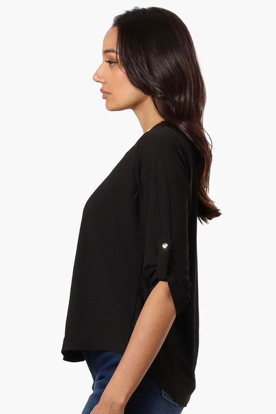 Beechers Brook Solid Roll Up Sleeve Necklace Blouse - Black - Womens Shirts & Blouses - Fairweather