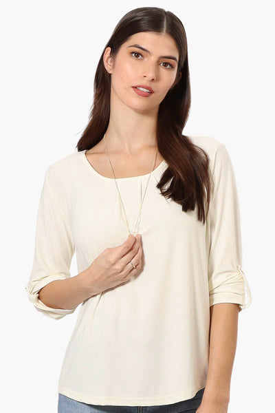 Beechers Brook Solid Roll Up Sleeve Necklace Blouse - Cream - Womens Shirts & Blouses - Fairweather