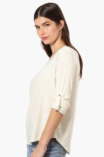 Beechers Brook Solid Roll Up Sleeve Necklace Blouse - Cream - Womens Shirts & Blouses - Fairweather