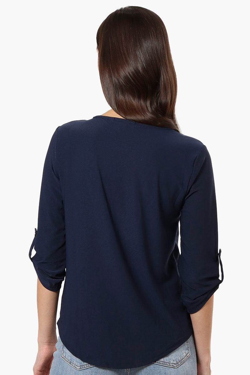 Beechers Brook Solid Roll Up Sleeve Necklace Blouse - Navy - Womens Shirts & Blouses - Fairweather