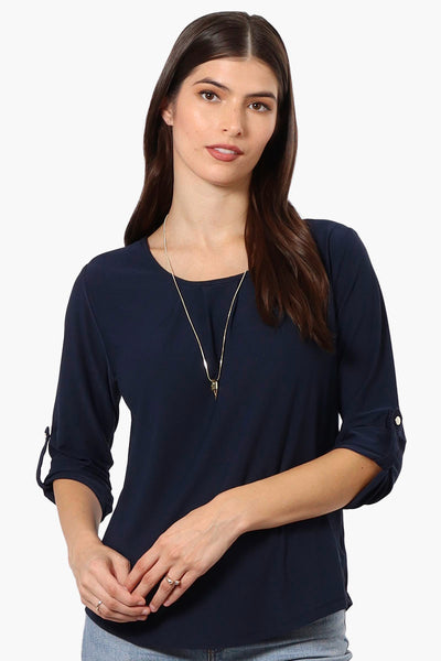 Beechers Brook Solid Roll Up Sleeve Necklace Blouse - Navy - Womens Shirts & Blouses - Fairweather