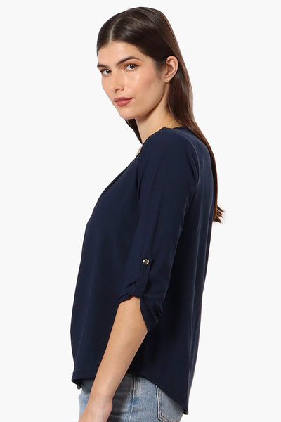 Beechers Brook Solid Roll Up Sleeve Necklace Blouse - Navy - Womens Shirts & Blouses - Fairweather