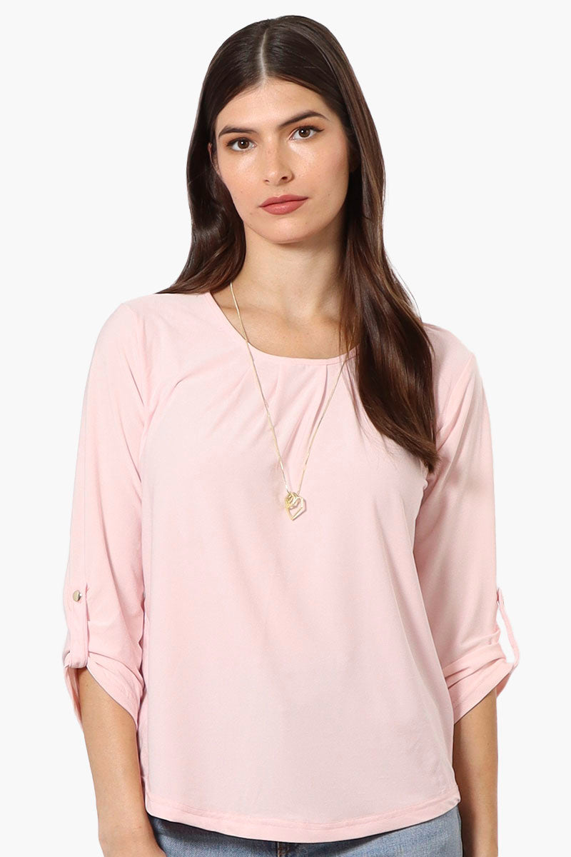 Beechers Brook Solid Roll Up Sleeve Necklace Blouse - Blush - Womens Shirts & Blouses - Fairweather