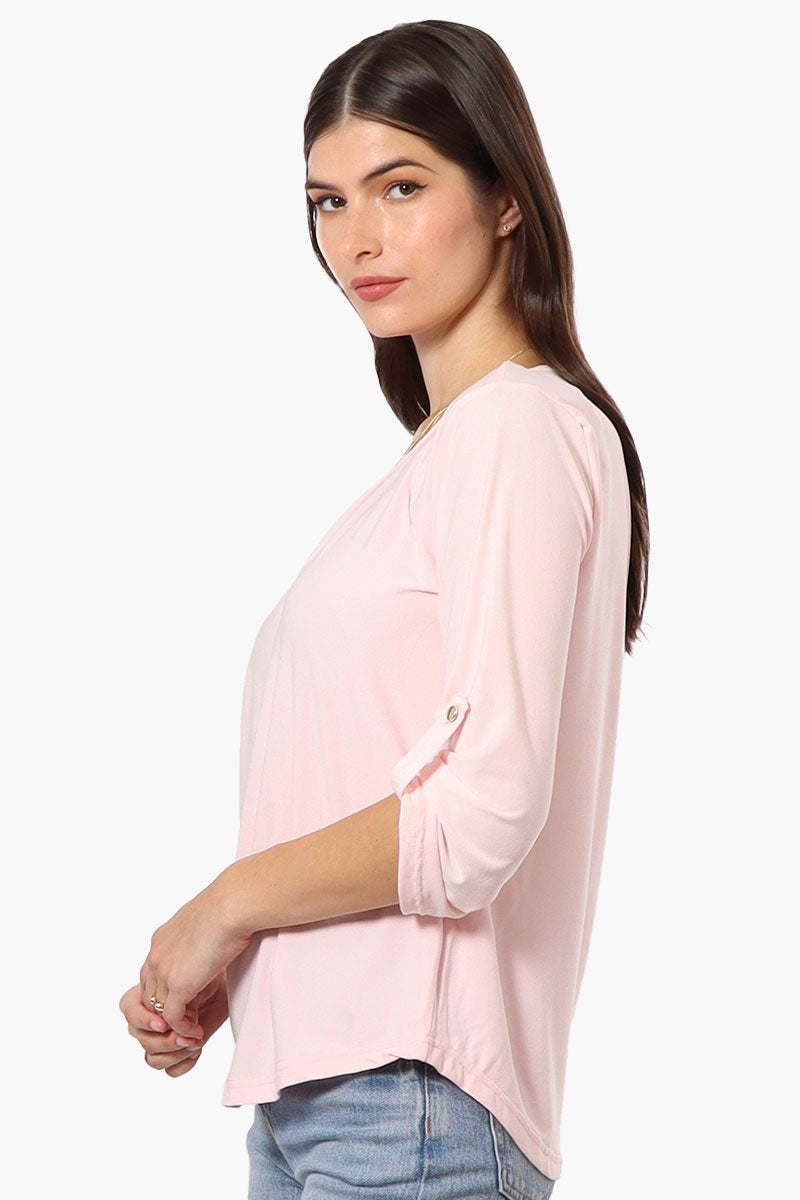 Beechers Brook Solid Roll Up Sleeve Necklace Blouse - Blush - Womens Shirts & Blouses - Fairweather