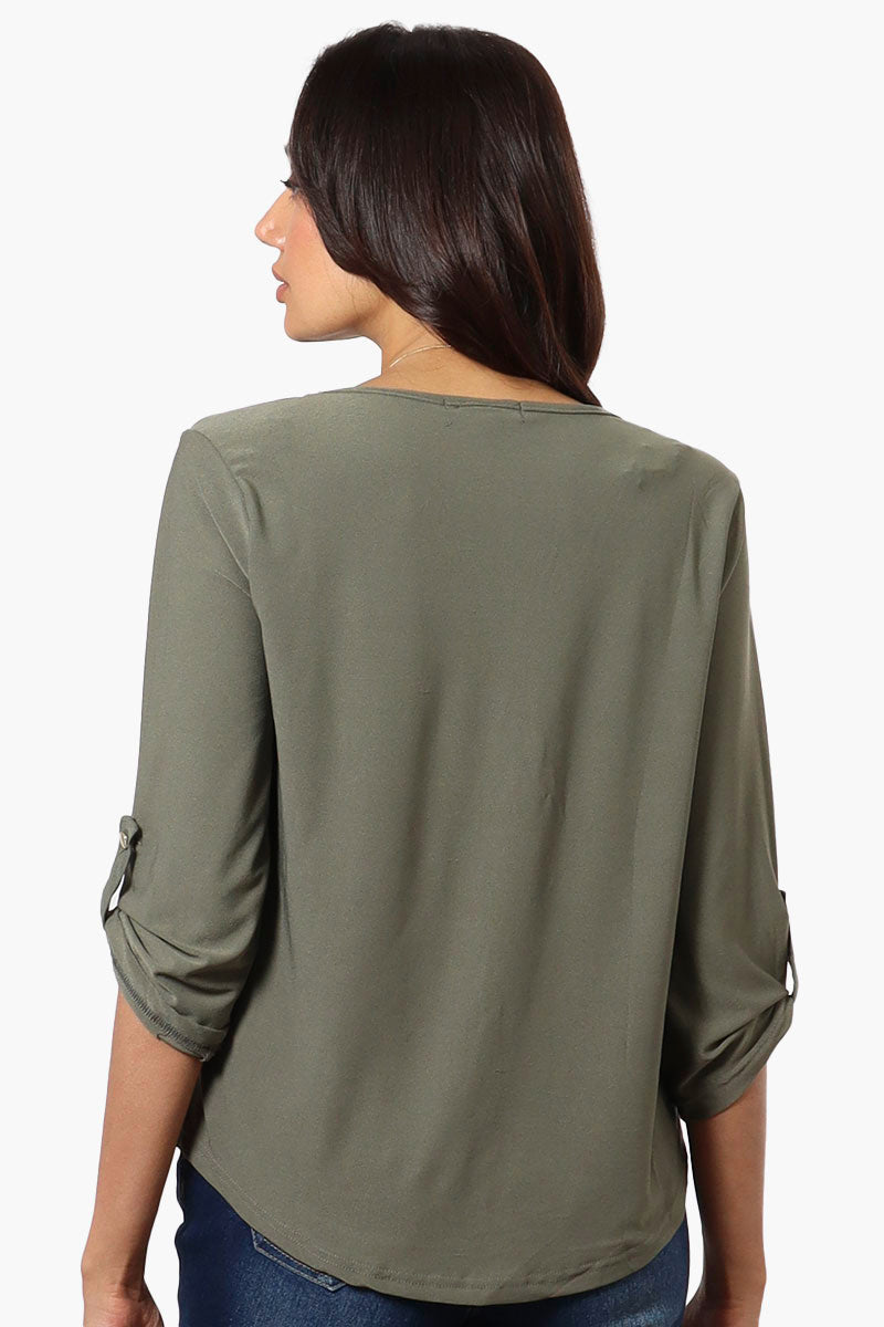 Beechers Brook Solid Roll Up Sleeve Necklace Blouse - Olive - Womens Shirts & Blouses - Fairweather