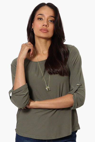 Beechers Brook Solid Roll Up Sleeve Necklace Blouse - Olive - Womens Shirts & Blouses - Fairweather