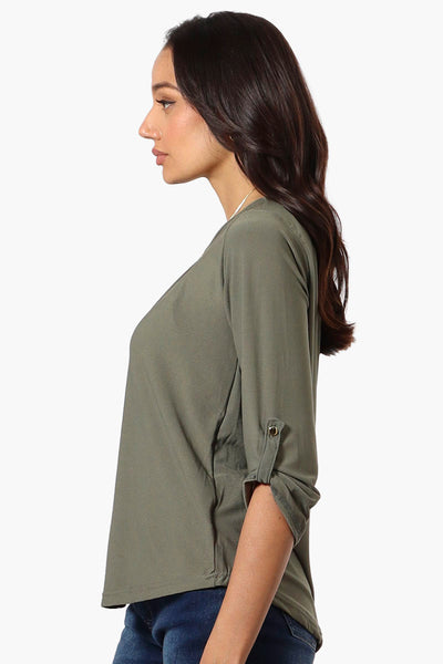 Beechers Brook Solid Roll Up Sleeve Necklace Blouse - Olive - Womens Shirts & Blouses - Fairweather