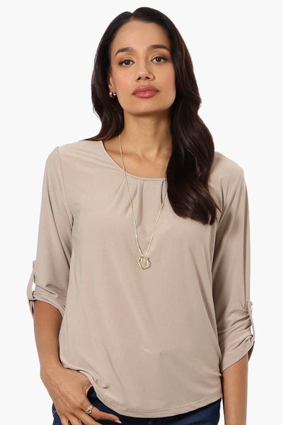 Beechers Brook Solid Roll Up Sleeve Necklace Blouse - Beige - Womens Shirts & Blouses - Fairweather