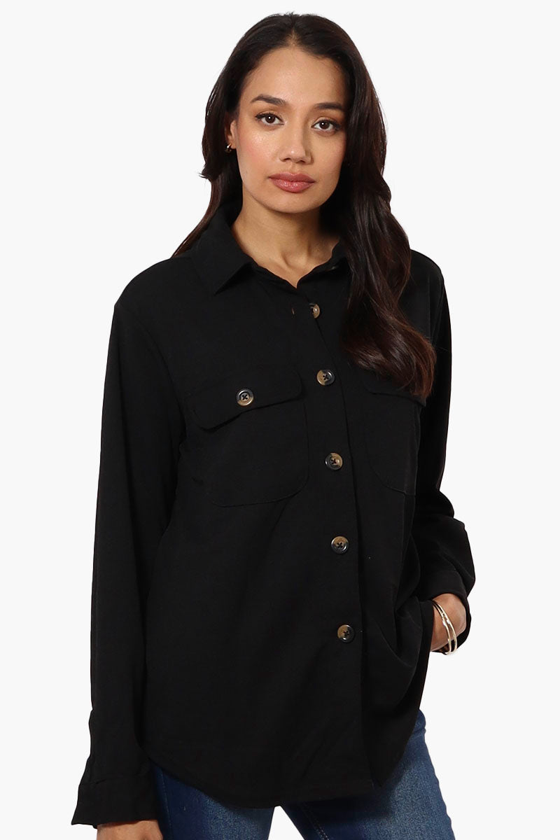 Limite Solid Flap Pocket Button Up Lightweight Jacket - Black - Womens Lightweight Jackets - Fairweather