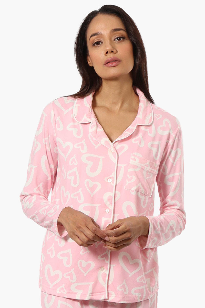 Canada Weather Gear Heart Pattern Button Down Pajama Top - Pink - Womens Pajamas - Fairweather