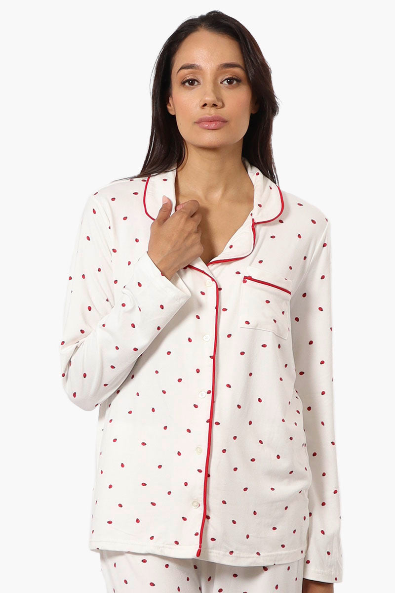 Canada Weather Gear Ladybug Pattern Button Down Pajama Top - White - Womens Pajamas - Fairweather