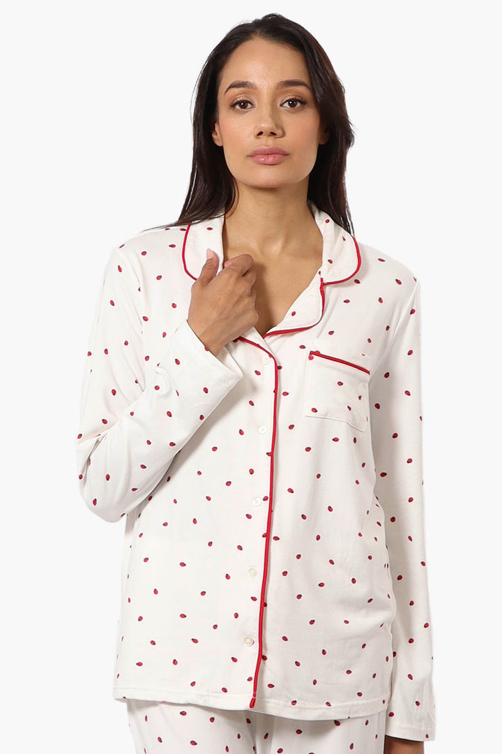 Women s Canada Weather Gear Ladybug Pattern Button Down Pajama Top White