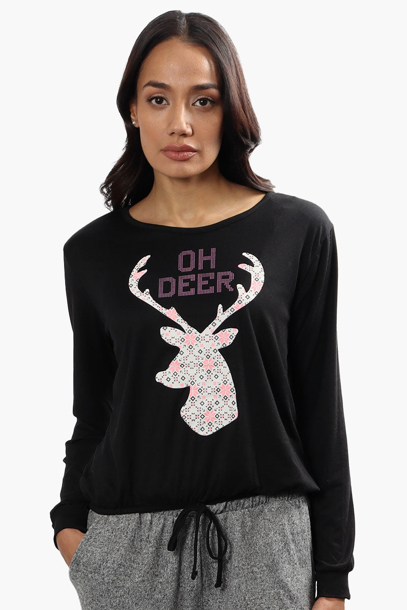 Cuddly Canuckies Oh Deer Print Pajama Top - Black - Womens Pajamas - Fairweather