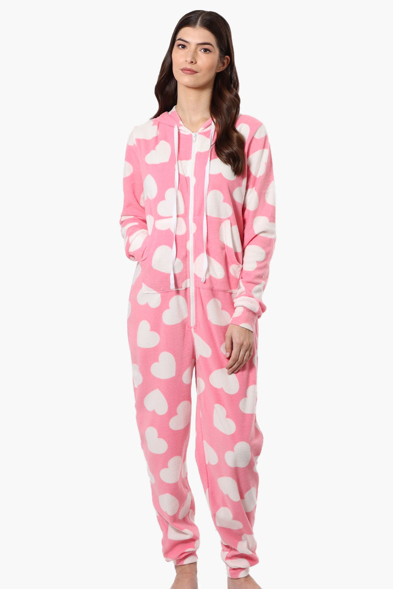 Cuddly Canuckies Hooded Heart Pattern Onesie - Pink - Womens Onesies - Fairweather