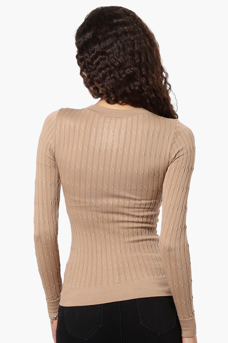 Magazine Solid Ribbed Crewneck Long Sleeve Top - Beige - Womens Long Sleeve Tops - Fairweather