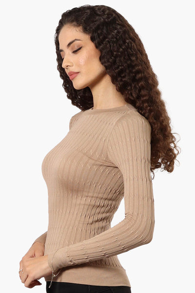 Magazine Solid Ribbed Crewneck Long Sleeve Top - Beige - Womens Long Sleeve Tops - Fairweather