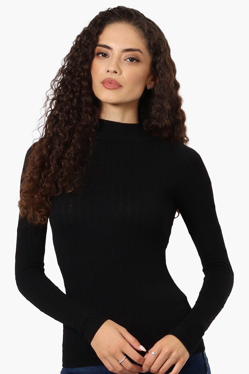 Magazine Ribbed Mock Neck Long Sleeve Top - Black - Womens Long Sleeve Tops - Fairweather