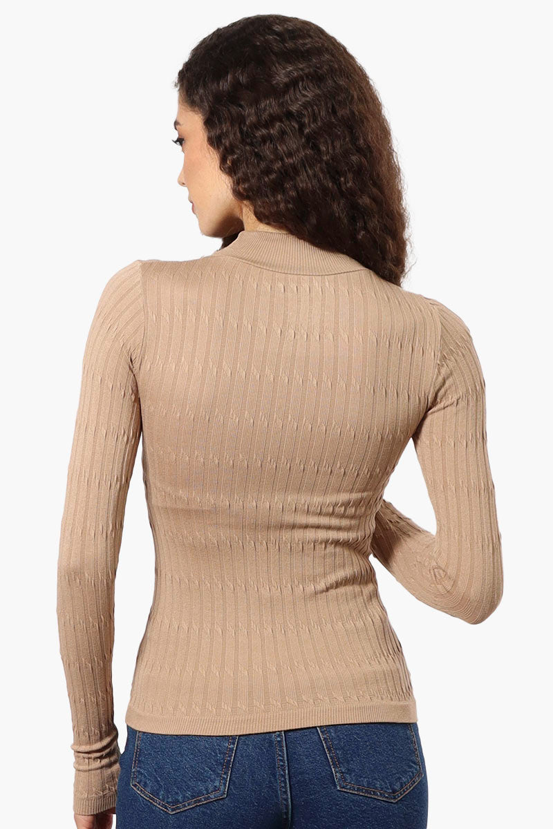 Magazine Ribbed Mock Neck Long Sleeve Top - Beige - Womens Long Sleeve Tops - Fairweather