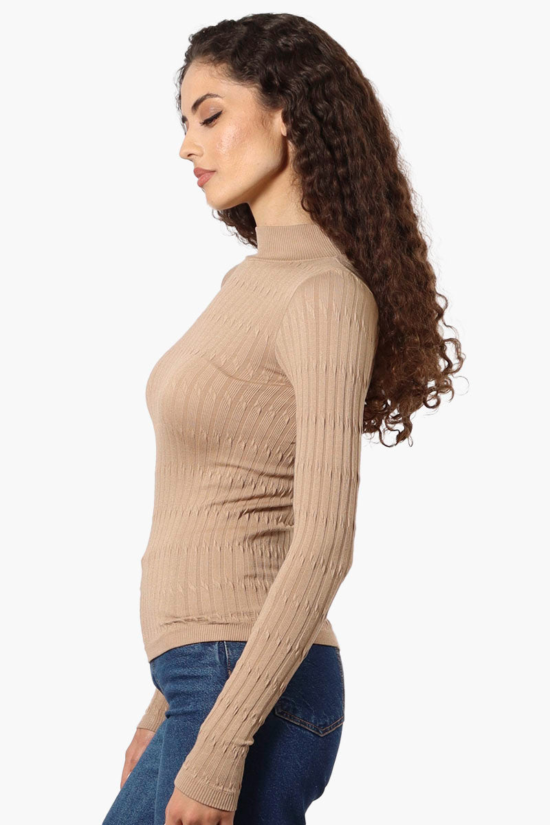 Magazine Ribbed Mock Neck Long Sleeve Top - Beige - Womens Long Sleeve Tops - Fairweather