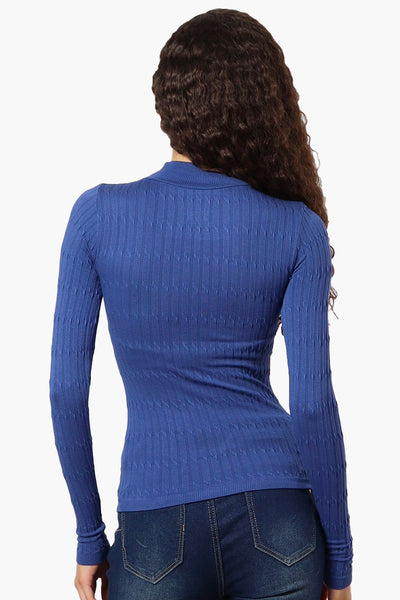 Magazine Ribbed Mock Neck Long Sleeve Top - Blue - Womens Long Sleeve Tops - Fairweather