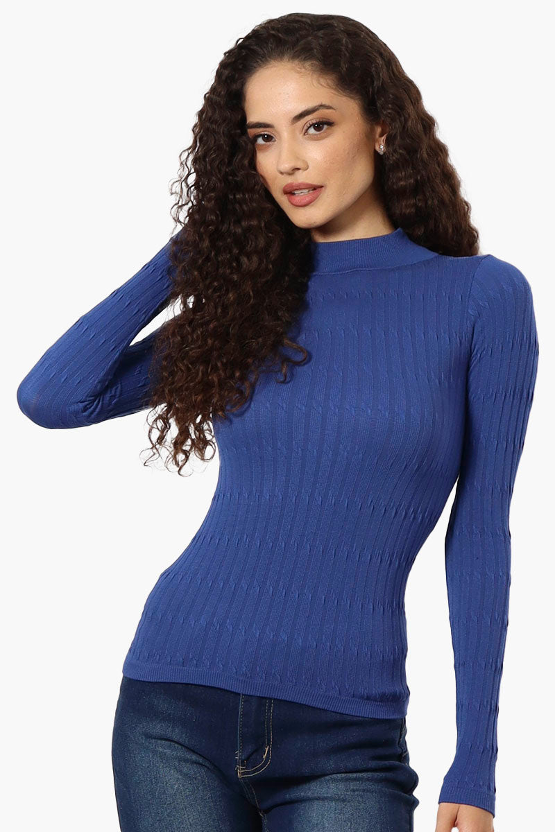 Magazine Ribbed Mock Neck Long Sleeve Top - Blue - Womens Long Sleeve Tops - Fairweather