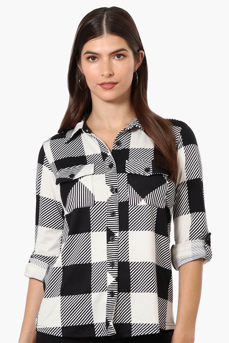 Urbanology Plaid Roll Up Sleeve Button Up Shirt - Black - Womens Shirts & Blouses - Fairweather