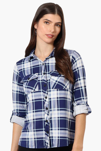 Urbanology Plaid Roll Up Sleeve Button Up Shirt - Blue - Womens Shirts & Blouses - Fairweather