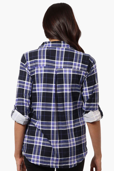 Urbanology Plaid Roll Up Sleeve Button Up Shirt - Navy - Womens Shirts & Blouses - Fairweather