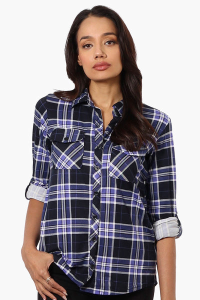 Urbanology Plaid Roll Up Sleeve Button Up Shirt - Navy - Womens Shirts & Blouses - Fairweather