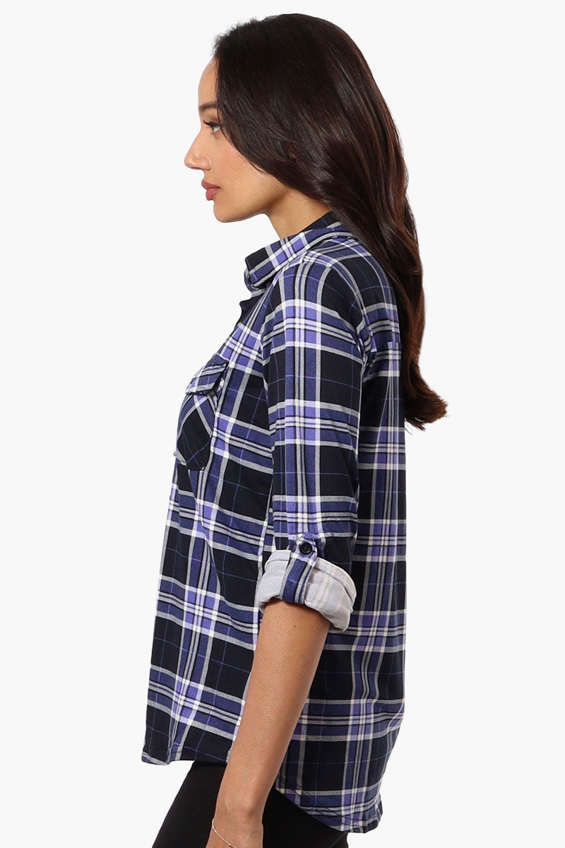 Urbanology Plaid Roll Up Sleeve Button Up Shirt - Navy - Womens Shirts & Blouses - Fairweather